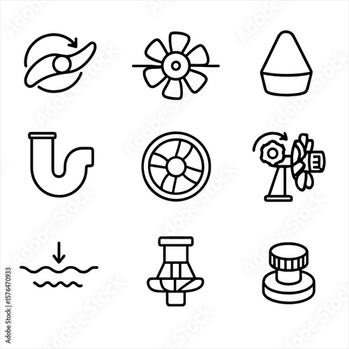 Kaplan Turbine Icons. Outline style icons of Kaplan Turbine Details: adjustable blade icon, axial flow runner, conical hub, open