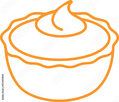 Orange Line Art Illustration of Crème Brûlée Dessert with Whipped Topping in Wavy-Edge Dish