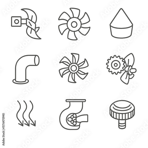 Kaplan Turbine Icons. Outline style icons of Kaplan Turbine Details: adjustable blade icon, axial flow runner, conical hub, open