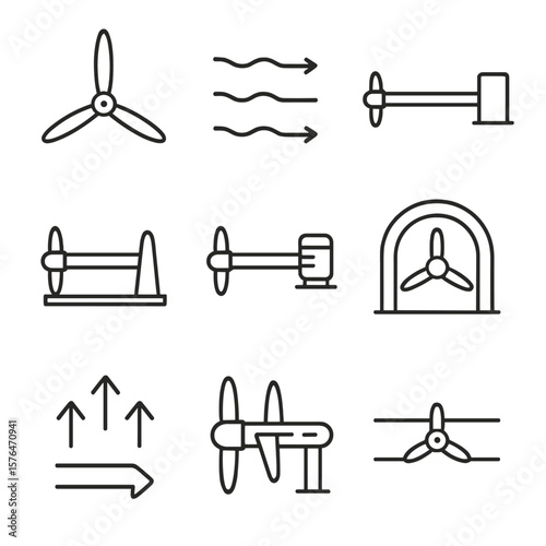 Turbine Outline Icons. Outline style icons of Horizontal Axis Turbines: side view blades, lateral flow path, shaft through turbine