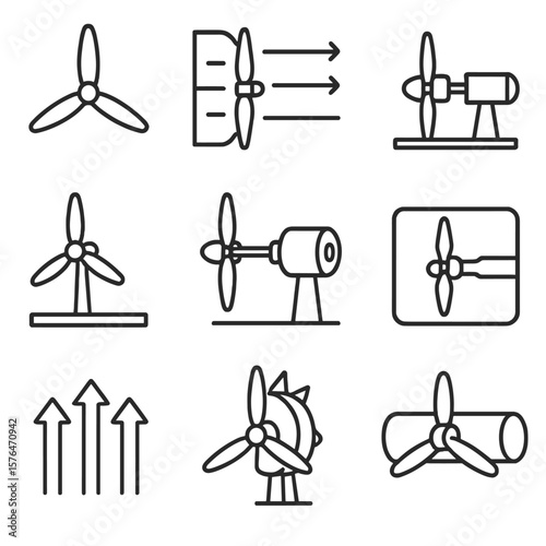Turbine Outline Icons. Outline style icons of Horizontal Axis Turbines: side view blades, lateral flow path, shaft through turbine