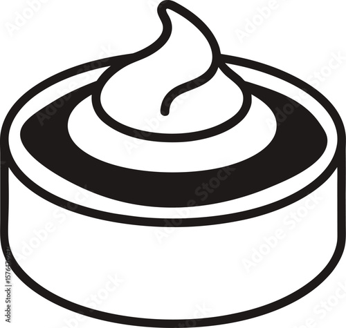 Black and White Line Art Illustration of French Crème Brûlée Dessert with Whipped Topping in Round Dish