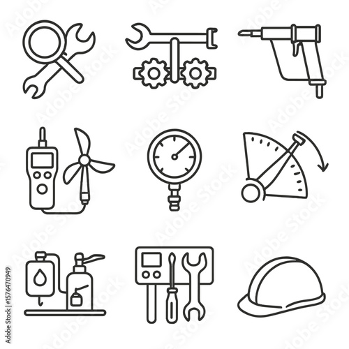 Turbine Maintenance Icons. Outline style icons of Maintenance Tools for Turbines: inspection wrench, rotor alignment tool, shaft