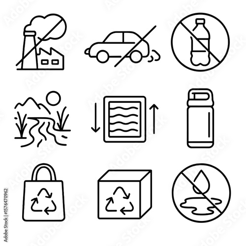 Anti-Pollution Icons. Outline style icons of Anti-Pollution Measures: no factory smoke icon, car emission reduction, ban plastic