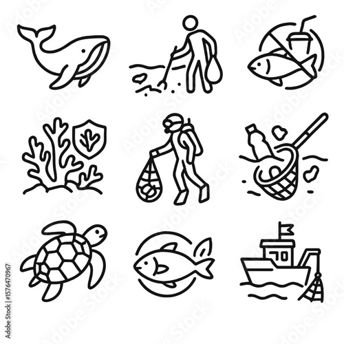 Ocean Conservation Icons. Outline style icons of Ocean Conservation: whale icon, clean beach effort, plastic-free fish, coral reef
