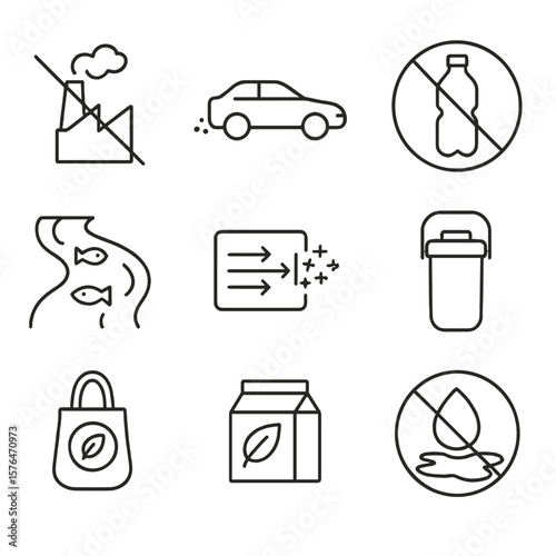 Anti-Pollution Icons. Outline style icons of Anti-Pollution Measures: no factory smoke icon, car emission reduction, ban plastic