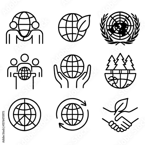 Global Eco Icons. Outline style icons of Global Eco Efforts: international cooperation, globe with leaf, UN and environment symbol