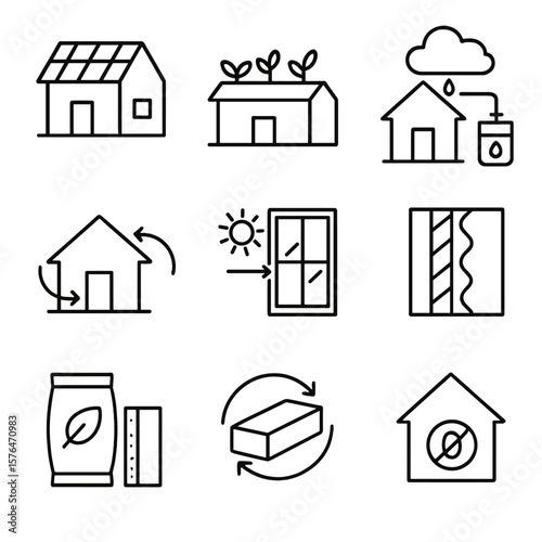Sustainable Architecture Icons. Outline style icons of Sustainable Architecture: solar panel roof, green rooftop garden, rainwater