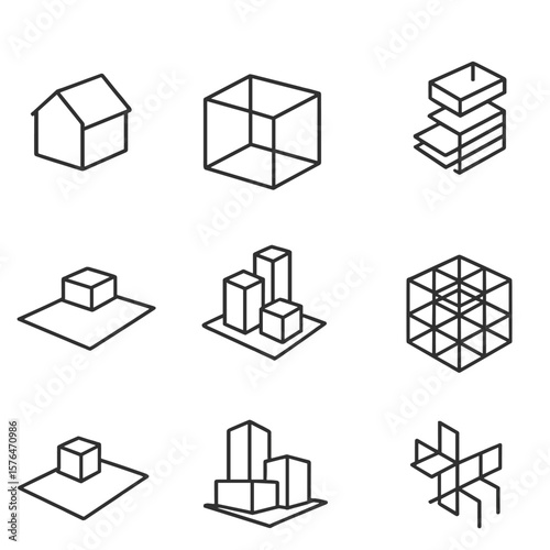 Outline Architectural Icons. Outline style icons of Conceptual Architecture: paper model, 3D render frame, exploded floor diagram,