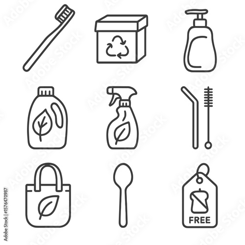 Eco-friendly Icons Collection. Outline style icons of Eco-friendly Products: bamboo toothbrush, biodegradable packaging,