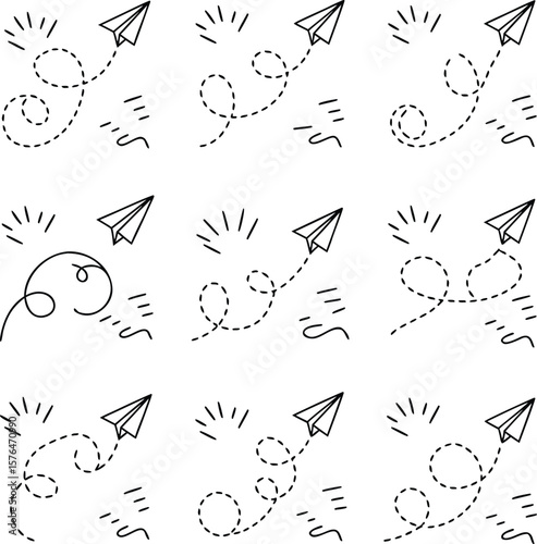 Simple black and white illustration of paper airplanes and their flight paths on white background