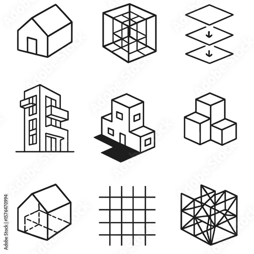 Outline Architectural Icons. Outline style icons of Conceptual Architecture: paper model, 3D render frame, exploded floor diagram,