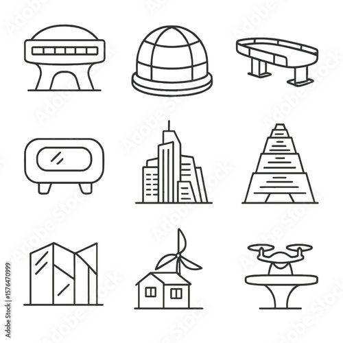 Futuristic Architecture Icons. Outline style icons of Futuristic Architecture: hovering structure, transparent dome, floating