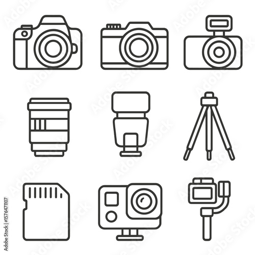 Photography Equipment Icons. Outline style icons of Photography Devices: DSLR camera, mirrorless camera, compact digital camera,