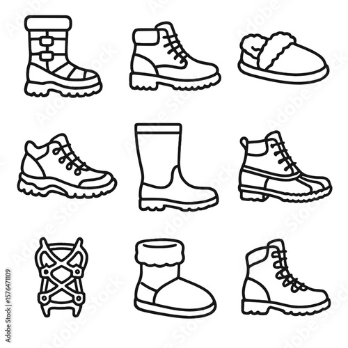 Cold Weather Footwear Icons. Outline style icons of Cold Weather Footwear: snow boots, insulated ankle boots, fur-lined slippers,