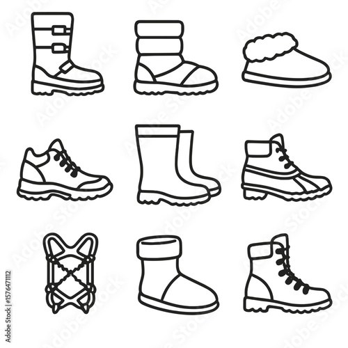 Cold Weather Footwear Icons. Outline style icons of Cold Weather Footwear: snow boots, insulated ankle boots, fur-lined slippers,