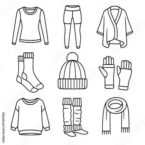 Winter Yoga Clothes Icons. Outline style icons of Winter Yoga Clothing: long-sleeve top, layered leggings, cozy yoga wrap, thick