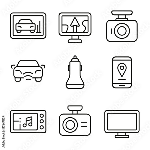Car Electronics Icons. Outline style icons of Car Electronics: dashboard screen, GPS navigator, car camera, parking sensor, car