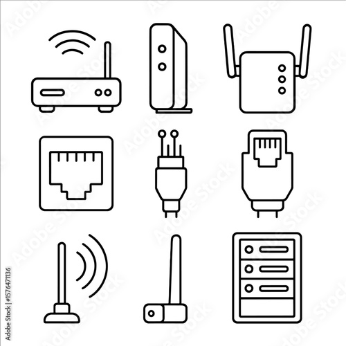 Network Electronics Icons. Outline style icons of Network Electronics: router, modem, range extender, network switch, Ethernet