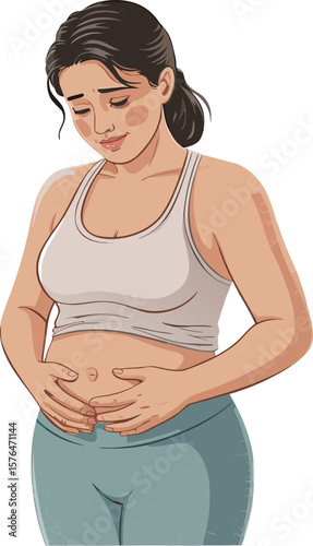 Woman in activewear holding her belly expressing discomfort feeling unwell digestive issues