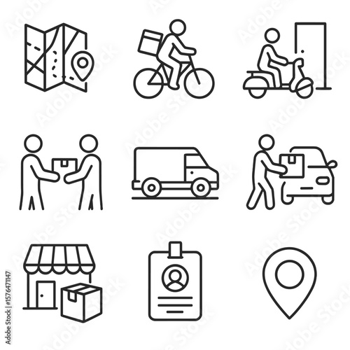 Courier Service Icons. Outline style icons of Local Courier Services: city map route, bike messenger, scooter drop-off,