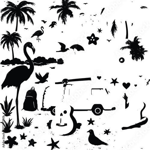 Black-and-White Vector Illustration of Tropical Explorer Icon Grid – 18-Item Adventure & Nature Silhouette Set