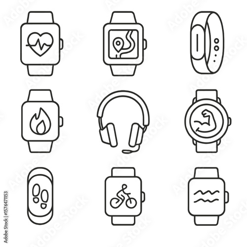 Fitness Electronics Icons. Outline style icons of Fitness Electronics: smartwatch heart rate, running GPS tracker, fitness band