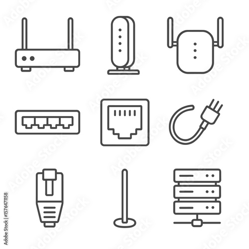 Network Electronics Icons. Outline style icons of Network Electronics: router, modem, range extender, network switch, Ethernet