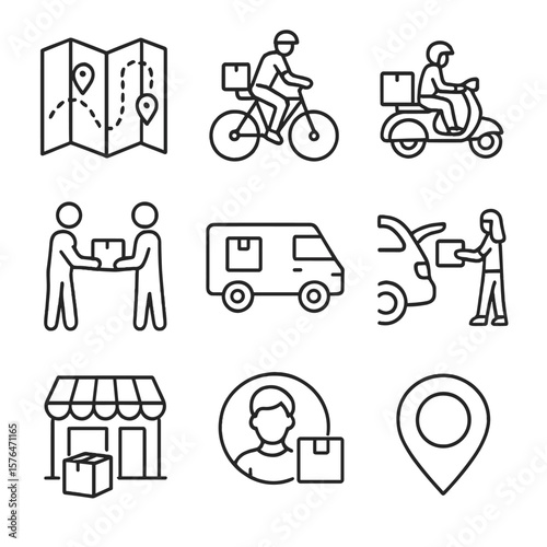 Courier Service Icons. Outline style icons of Local Courier Services: city map route, bike messenger, scooter drop-off,