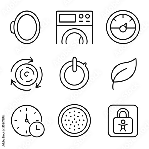 Washing Machine Icons. Outline style icons of Washing Machine Features: load door, digital control panel, water level dial, spin