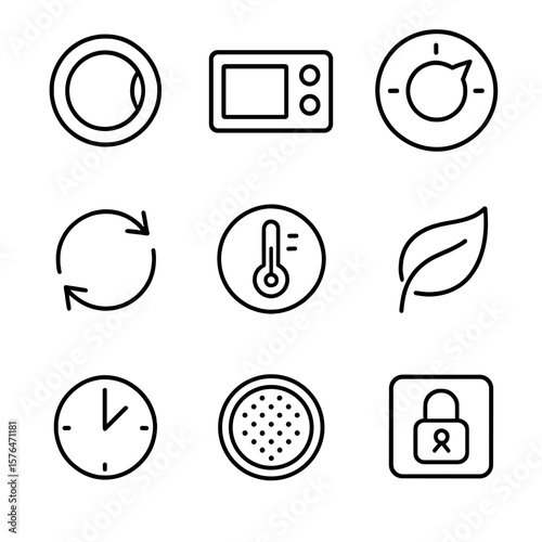 Washing Machine Icons. Outline style icons of Washing Machine Features: load door, digital control panel, water level dial, spin