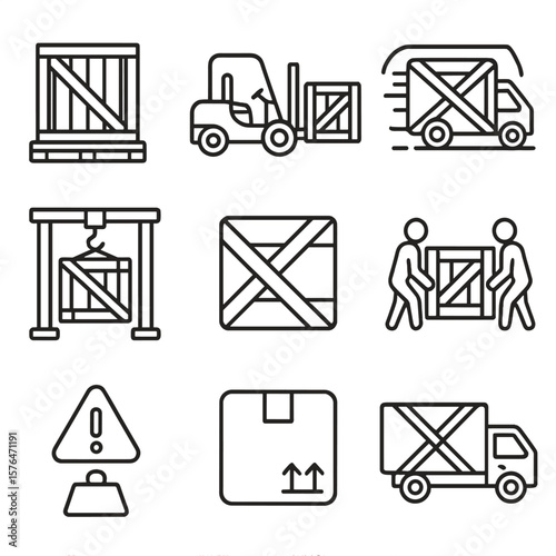 Heavy Cargo Icons. Outline style icons of Heavy Cargo: large crate on pallet, forklift lifting heavy box, oversized delivery icon,