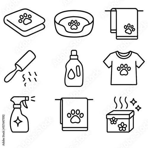Pet Laundry Icons. Outline style icons of Pet Laundry: pet blanket, washable pet bed, pet towel, fur remover roller, stain cleaner