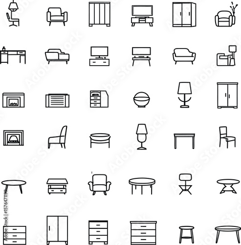 Black-and-White Vector Illustration of Furniture Icon Grid – 35-Item Interior Design Toolkit
