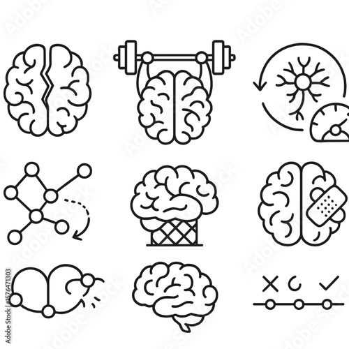 Brain Adaptation Symbols. Outline style icons of Brain Injury and Adaptation: fractured brain icon, brain with rehab barbell,