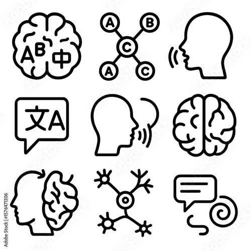 Language Learning Icons. Outline style icons of Language Learning and Brain: multilingual brain, vocabulary neuron network, sound