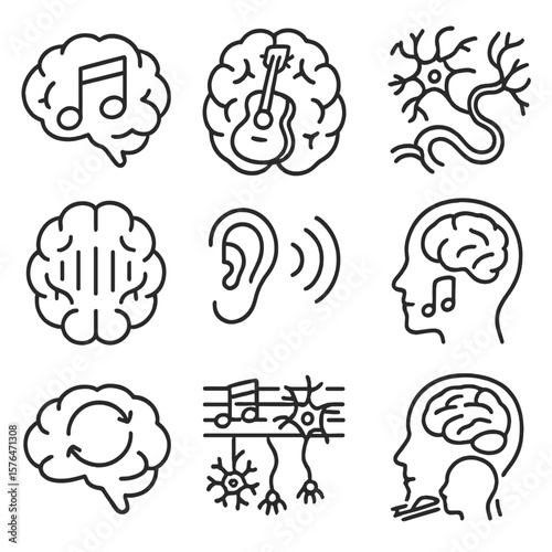 Music and Brain Icons. Outline style icons of Music and Brain Plasticity: musical note in brain, learning instrument brain,