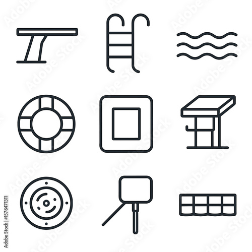 Swimming Pool Icons. Outline style icons of Swimming Pool Elements: diving board, pool ladder, water ripple surface, lifebuoy,