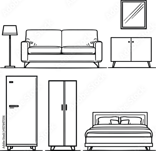 lack-and-White Vector Illustration of Furniture Icon Grid – 7-Item Interior Silhouette Set