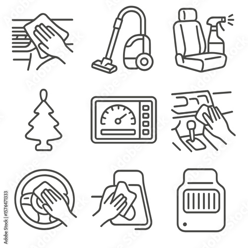 Interior Maintenance Icons. Outline style icons of Interior Maintenance: dashboard wipe cloth, vacuum cleaner, seat cleaning spray