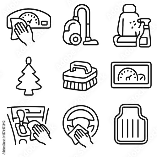 Interior Maintenance Icons. Outline style icons of Interior Maintenance: dashboard wipe cloth, vacuum cleaner, seat cleaning spray