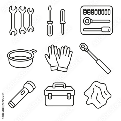 Tool Kit Essentials Icons. Outline style icons of Tool Kit Essentials: wrench set, screwdriver, socket set, oil pan, gloves,