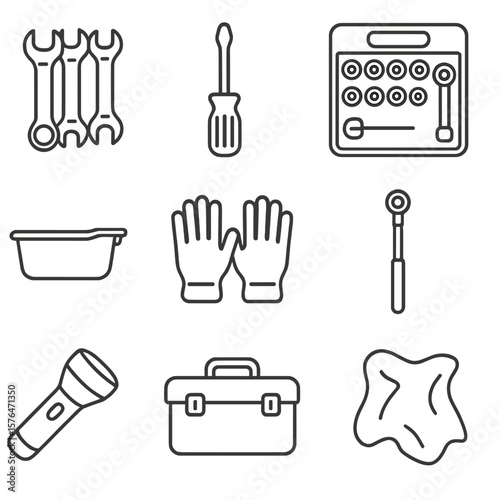 Tool Kit Essentials Icons. Outline style icons of Tool Kit Essentials: wrench set, screwdriver, socket set, oil pan, gloves,