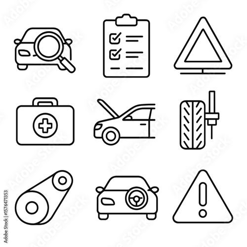 Inspection Icons Set. Outline style icons of Inspection and Safety Checks: magnifying glass over car, inspection checklist, safety