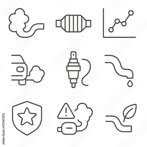 Exhaust Emission Icons. Outline style icons of Exhaust and Emissions: exhaust pipe smoke, catalytic converter, emission test graph