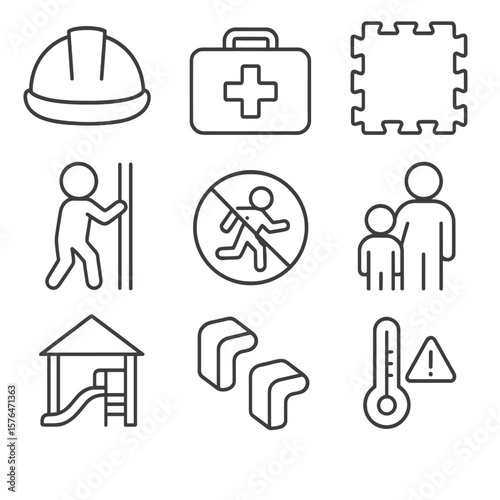 Playground Safety Icons. Outline style icons of Playground Safety: safety helmet, first aid kit, rubber ground padding, child