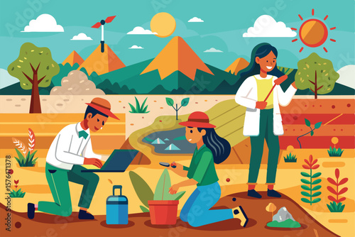Illustration of diverse scientists conducting environmental research outdoors. Features teamwork, nature conservation, and scientific exploration in a colorful setting with mountains and greenery.