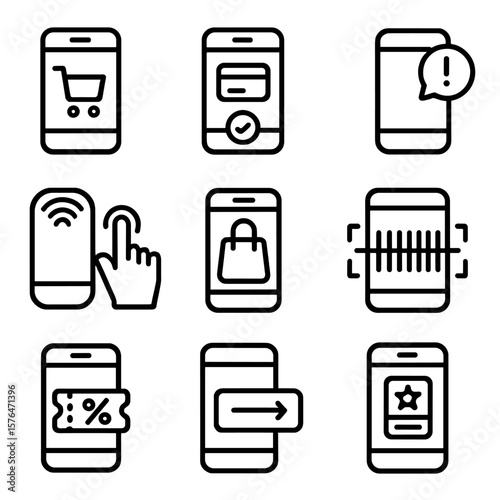 Mobile Commerce Icons. Outline style icons of Mobile Commerce: smartphone screen with cart, app-based checkout, push notification