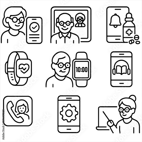 Senior Tech Icons. Outline style icons of Seniors and Technology: user-friendly app, tablet for video call, medication app