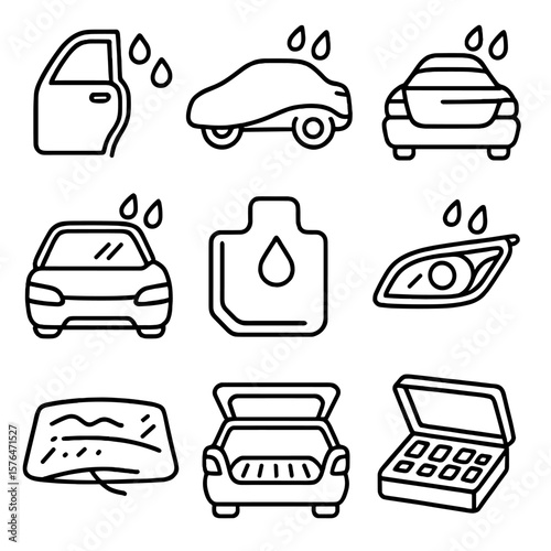 Automotive Waterproof Icons. Outline style icons of Automotive Waterproof Features: car door seal icon, waterproof car cover,